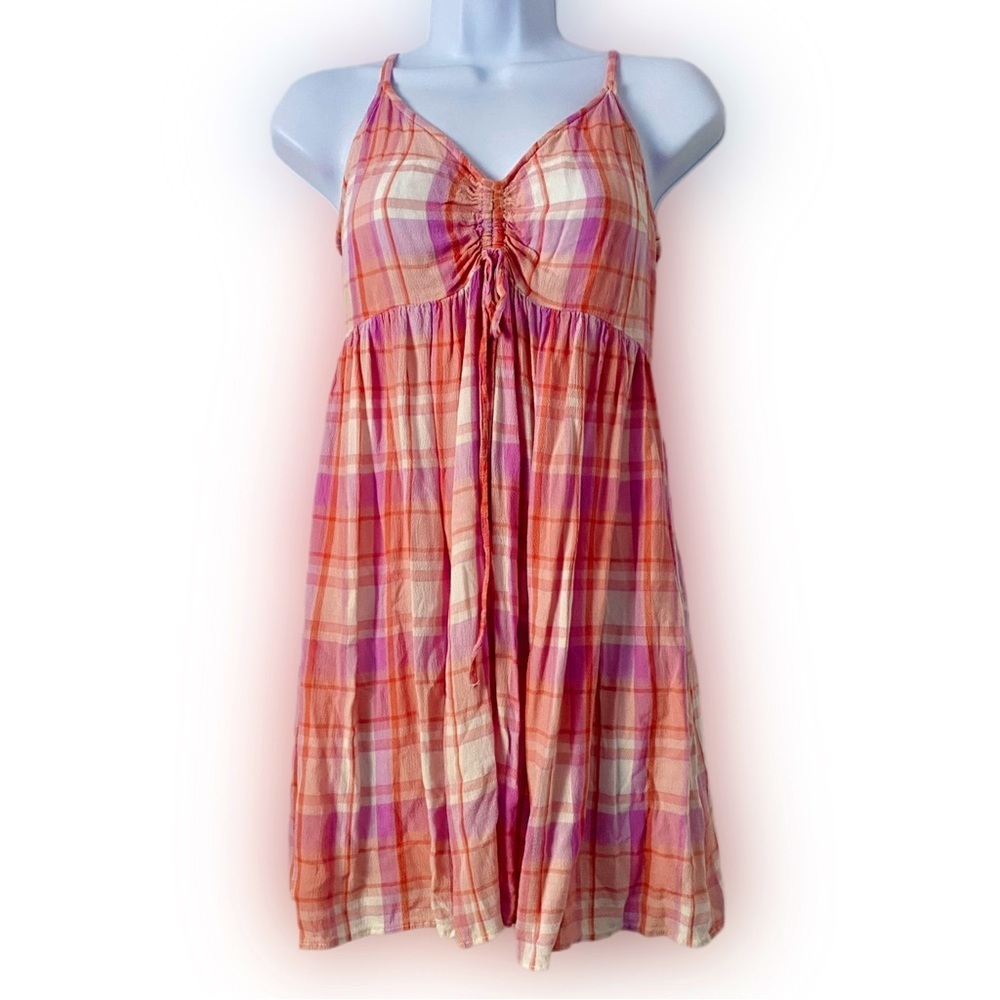 BP Plaid Cottagecore Sundress Adjustable Straps Ruched Tie Front Dress Boho S